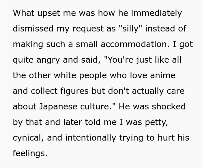 Text about a boyfriend dismissing a request for chopstick etiquette as silly, leading to an argument about Japanese culture. Text about a boyfriend dismissing a request for chopstick etiquette as silly, leading to an argument about Japanese culture.