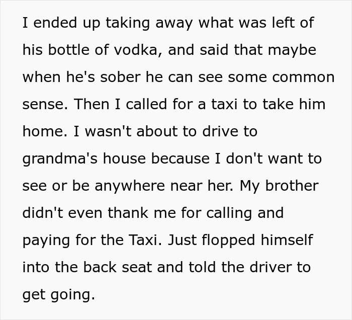 Text snippet of taking away vodka from the entitled man and calling a taxi, after he lost more than he bargained for.