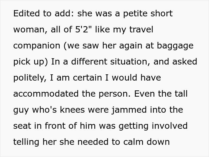 Text describing a woman's tantrum over a reclining seat on an overnight flight, involving other passengers.
