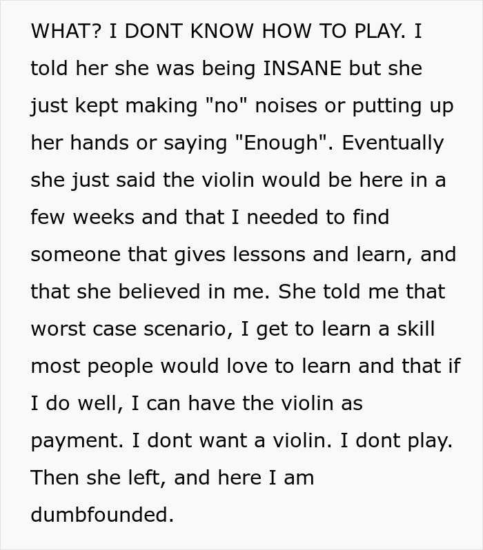 A screenshot showing text about a bride expecting a former classmate to learn violin for her wedding.