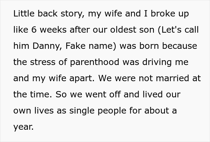 Screenshot of text providing backstory about a dad's relationship with his ex-wife and oldest biological son. Screenshot of text providing backstory about a dad's relationship with his ex-wife and oldest biological son.