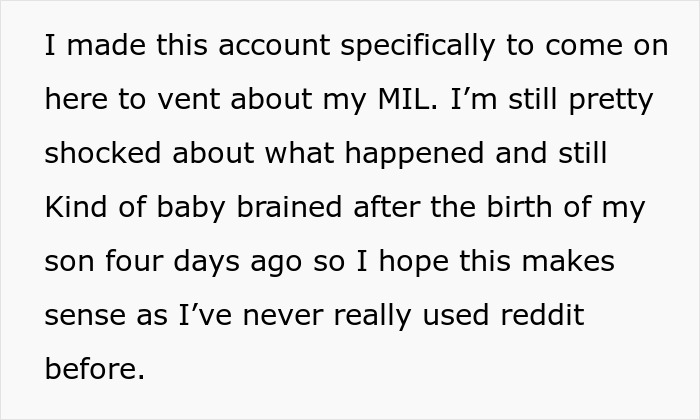 Screenshot of text describing a new mom feeling betrayed and shocked by her MIL during delivery. Screenshot of text describing a new mom feeling betrayed and shocked by her MIL during delivery.