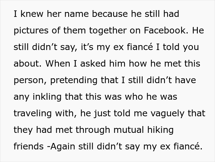 Screenshot of text where GF connects the dots about BF's 10-day trip and his ex-fianc&eacute;.