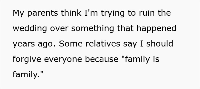 A woman seeking apology for college fund issue. Text about parents thinking she's ruining the wedding. A woman seeking apology for college fund issue. Text about parents thinking she's ruining the wedding.