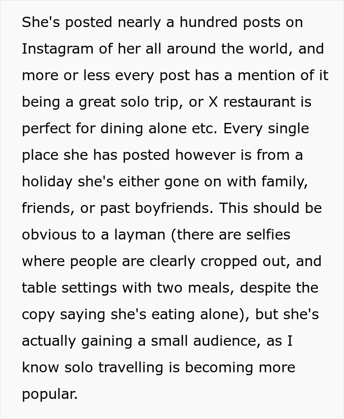 Screenshot of text detailing a travel influencer's lies about solo trips on Instagram, cropping out friends. Screenshot of text detailing a travel influencer's lies about solo trips on Instagram, cropping out friends.