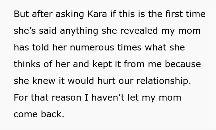 Text explaining the wife's revelation that the mother frequently harassed her, leading the man to refuse to house his mom.
