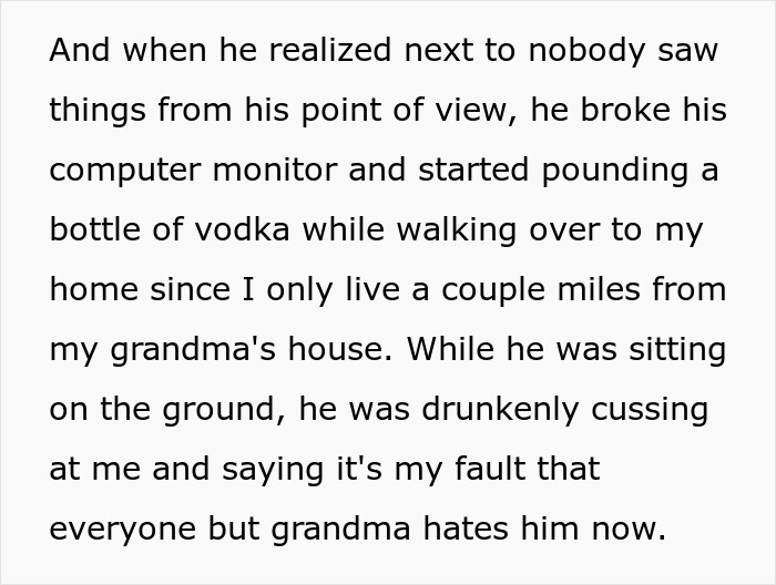 Text snippet describing an entitled man breaking his computer and drinking vodka, losing more than he bargained for.