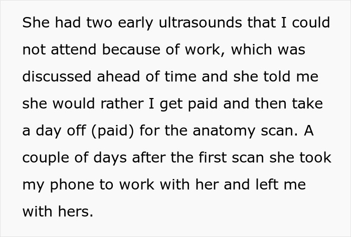 Screenshot of text describing two early ultrasounds. This text relates to a guy seeing something suspicious on his wife's phone.