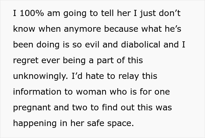 Screenshot of text about telling the pregnant wife the truth about her cheater boyfriend and his evil actions.