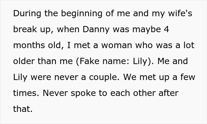 Text snippet: Dad meets a woman after his breakup, leading to the birth of a bio son. Text snippet: Dad meets a woman after his breakup, leading to the birth of a bio son.