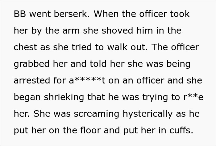 Text snippet detailing MIL going berserk, assaulting an officer, and being arrested, to evict DIL.