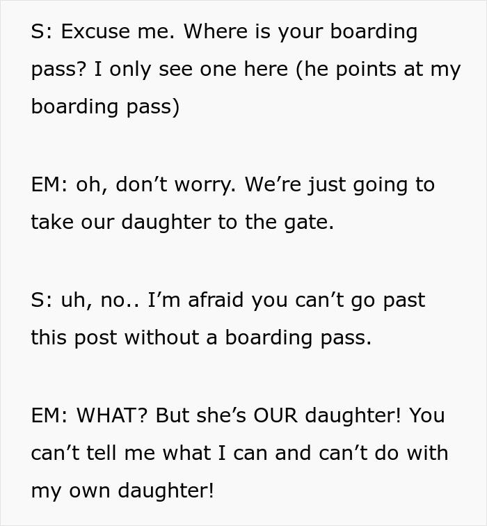 Airport security stops toxic parents from going to the gate without a boarding pass while their daughter tries to leave the country. Airport security stops toxic parents from going to the gate without a boarding pass while their daughter tries to leave the country.