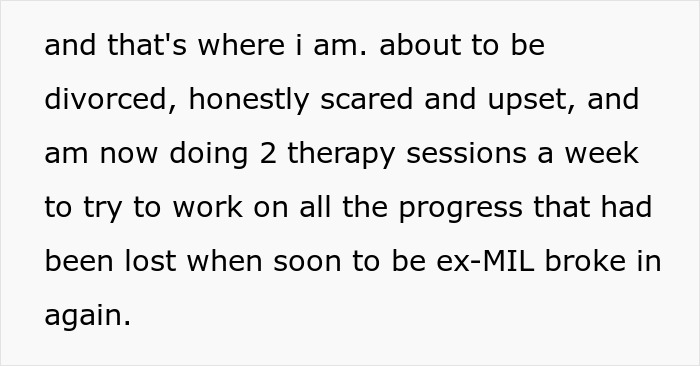 A woman creates a plan to make DIL have kids; white background text describing therapy after a plan to make DIL have kids.