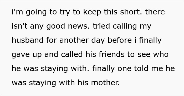A screenshot of text revealing that the husband is staying with his mother, who made a plan to have kids.