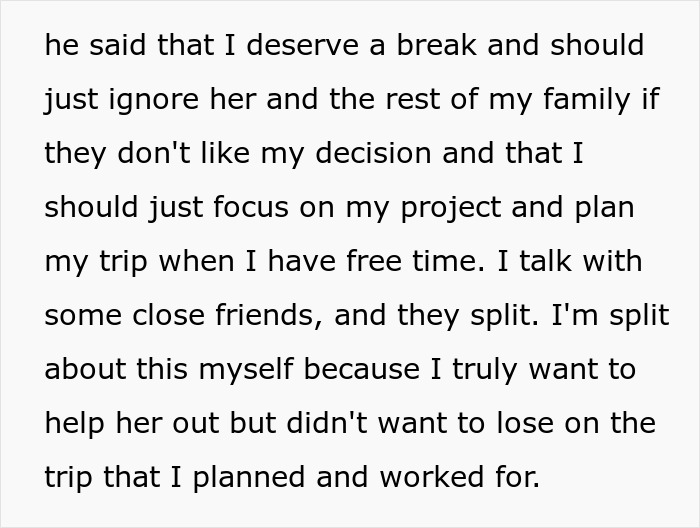 Man denies aunt money, torn between helping and his planned trip. Man denies aunt money, torn between helping and his planned trip.
