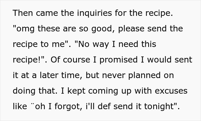 Woman's mean teammates inquire about her secret brownies recipe, but she keeps it as petty payback. Woman's mean teammates inquire about her secret brownies recipe, but she keeps it as petty payback.