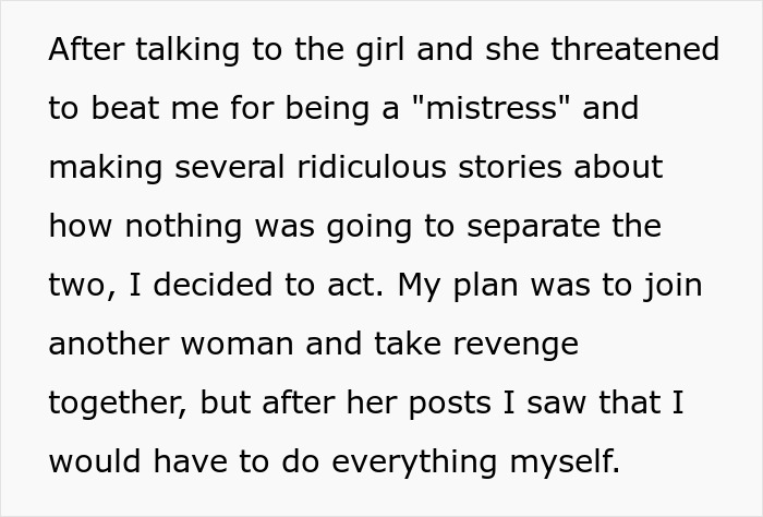 Screenshot of text explaining the girlfriend's revenge plan after discovering her boyfriend dated another woman and fake abortion. Screenshot of text explaining the girlfriend's revenge plan after discovering her boyfriend dated another woman and fake abortion.