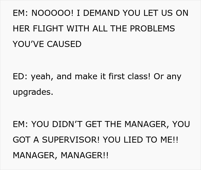 Screenshot of the text exchange where the toxic parents demand to be on their daughter's flight. Screenshot of the text exchange where the toxic parents demand to be on their daughter's flight.