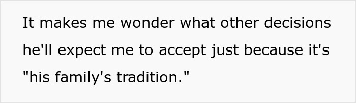 Screenshot of text discussing a man's expectations of his girlfriend to accept his family's tradition before marriage.