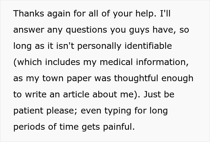 A husband plans to spring huge and sad news to wife and asks for patience due to typing pain. A husband plans to spring huge and sad news to wife and asks for patience due to typing pain.