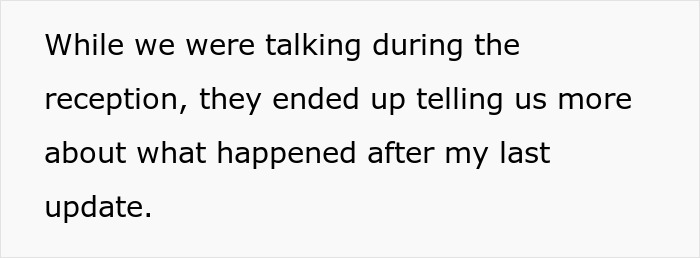 Text about an unsettling turn and a scary fixation on a groom during a reception update.