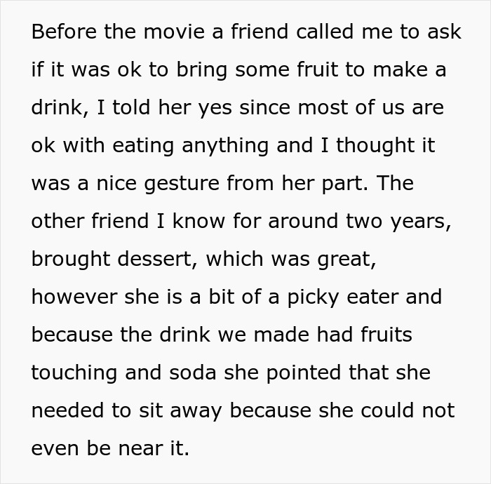 Screenshot of text detailing a picky eater's reaction to fruit touching her drink, worried about getting sick. Screenshot of text detailing a picky eater's reaction to fruit touching her drink, worried about getting sick.