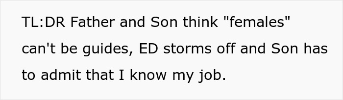 Summary text about a Saudi dad and son who think females can't be guides, leading to a tour refund issue. Summary text about a Saudi dad and son who think females can't be guides, leading to a tour refund issue.