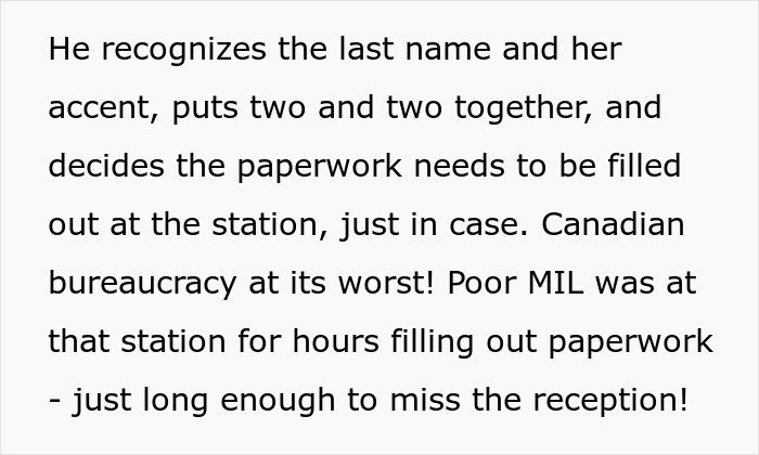 A screenshot detailing Canadian bureaucracy and the groom's mom missing the wedding reception.