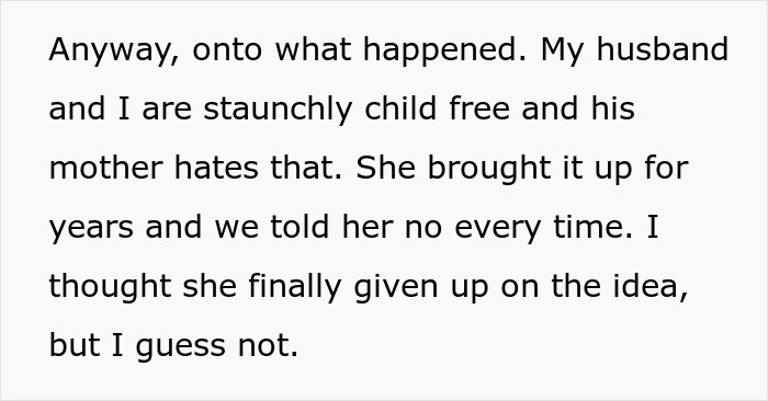 A screenshot showing text about a woman who doesnt want to have kids, and her mother-in-law hates that she doesn't want grandbabies.
