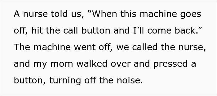 Screenshot of a story: Mom in nurse mode during DIL's delivery, presses a button, turning off the machine noise.