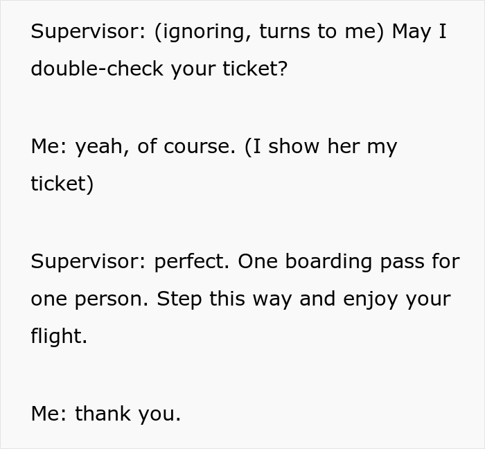 Screenshot of the text exchange where the supervisor confirms the daughter's ticket for her flight. Screenshot of the text exchange where the supervisor confirms the daughter's ticket for her flight.