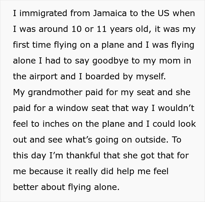 Text overlay describes a child's first flight experience and the importance of a window seat. Text overlay describes a child's first flight experience and the importance of a window seat.