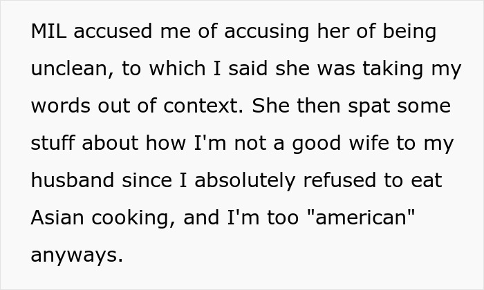 A woman is accused of being unclean by her MIL after refusing to eat her cooking.