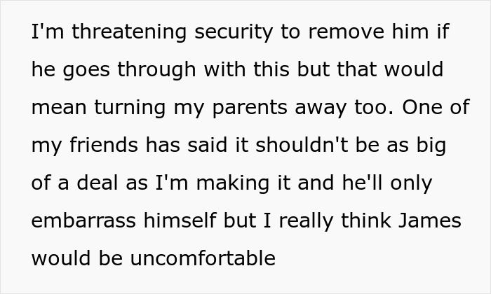 A screenshot of text discussing a bride threatening security to remove her brother for wearing a dress to the wedding. A screenshot of text discussing a bride threatening security to remove her brother for wearing a dress to the wedding.