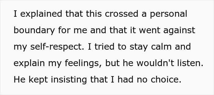 Text snippet: I explained that this crossed a personal boundary for me. Girlfriend realized getting married was a huge mistake.