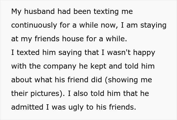 Screenshot of a text where a woman discusses her husband's old pics with his ex and his friends' behavior. Screenshot of a text where a woman discusses her husband's old pics with his ex and his friends' behavior.