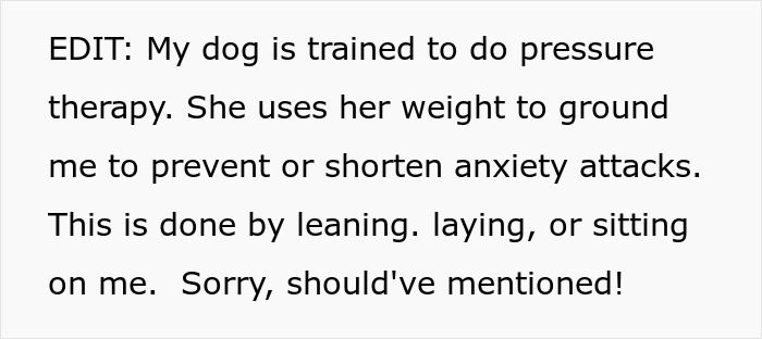 A text box describing a service dog's pressure therapy for anxiety attacks, relevant to a sibling's wedding boycott.