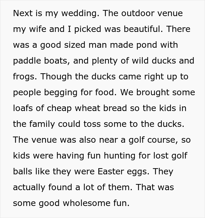 A screenshot of text detailing the beautiful outdoor wedding venue, pond, ducks, and kids playing golf.