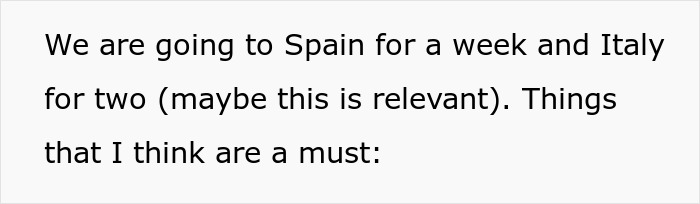 Text about taking nanny on family vacation to Spain and Italy.