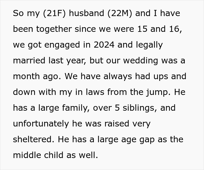 Screenshot of text: My husband and I have been together since we were 15 and 16, with ongoing issues with in-laws. Screenshot of text: My husband and I have been together since we were 15 and 16, with ongoing issues with in-laws.