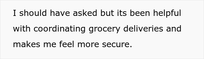 Text snippet: I should have asked but its been helpful with coordinating grocery deliveries and makes me feel more secure, relating to woman taking revenge on boyfriend Text snippet: I should have asked but its been helpful with coordinating grocery deliveries and makes me feel more secure, relating to woman taking revenge on boyfriend