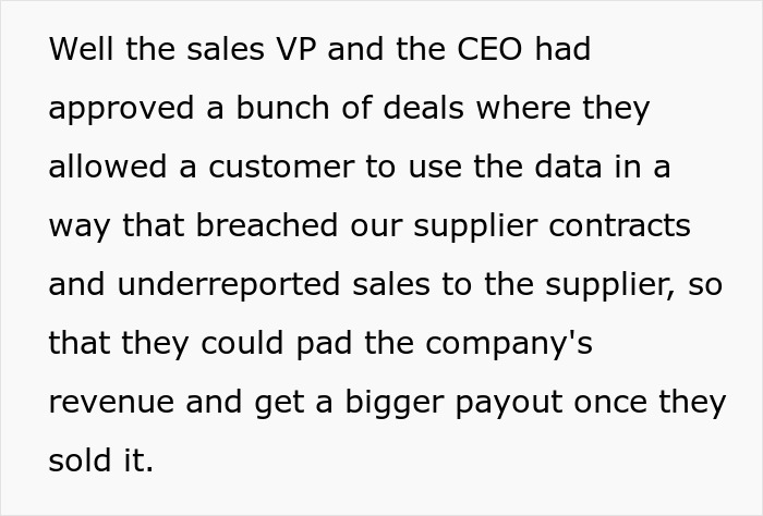 Screenshot of text detailing sales VP and CEO approving deals that breached contracts and underreported sales, bosses fraud. Screenshot of text detailing sales VP and CEO approving deals that breached contracts and underreported sales, bosses fraud.