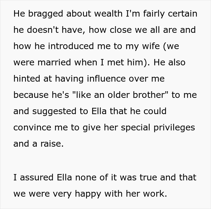 Text explaining how Jake bragged about wealth and influence regarding the friend's nanny.