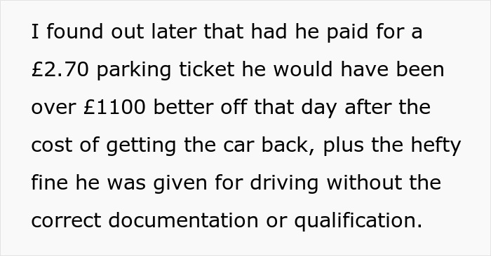 Text about the significant financial penalties for a driver in a parking war, including fines and car retrieval costs.