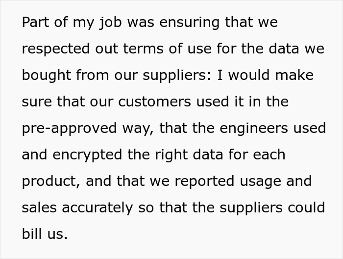 Screenshot of text describing a worker's job role of ensuring data use and accurate reporting, uncovering bosses fraud. Screenshot of text describing a worker's job role of ensuring data use and accurate reporting, uncovering bosses fraud.