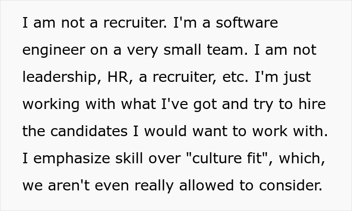 A software engineer discusses hiring and recruitment, emphasizing skills over culture fit to avoid a hiring scam.