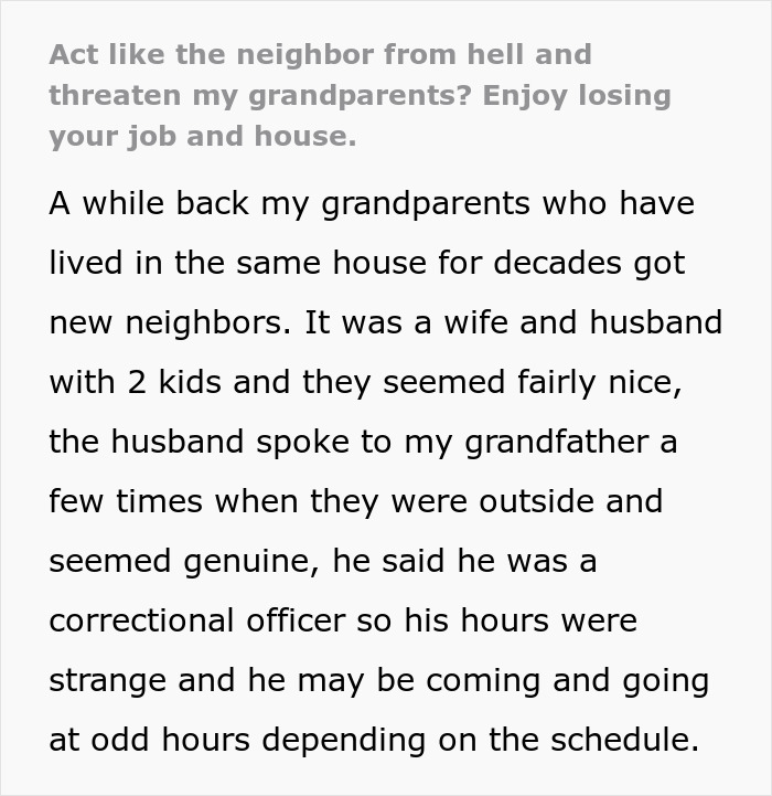 Text describing elderly couple's new neighbors and the husband's background. Text describing elderly couple's new neighbors and the husband's background.