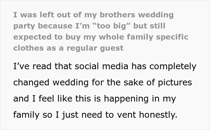 Text about being excluded from a wedding party based on weight, highlighting the bridesmaid dresses controversy. Text about being excluded from a wedding party based on weight, highlighting the bridesmaid dresses controversy.