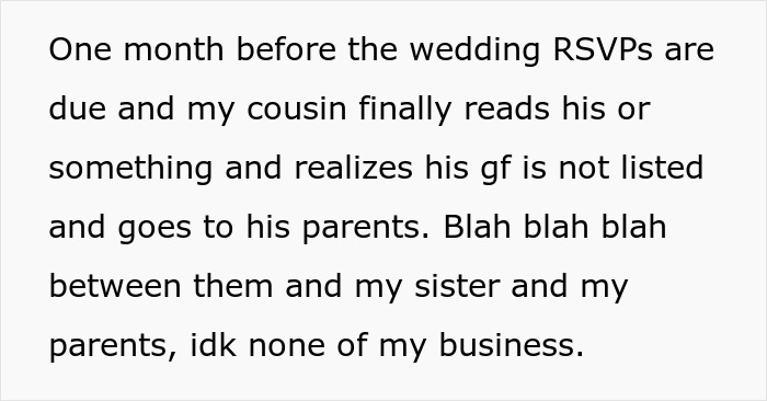 Text about wedding RSVPs due, cousin realizes girlfriend isn't listed, causing family discussion about the guest list.