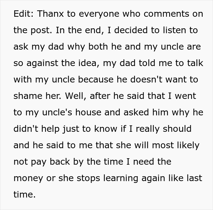 Screenshot of text about the man asking his dad about the aunt asking him money. Screenshot of text about the man asking his dad about the aunt asking him money.